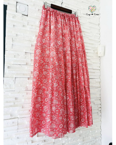 Jupe longue fluide fleurs - Corail (jusqu'à un 44)