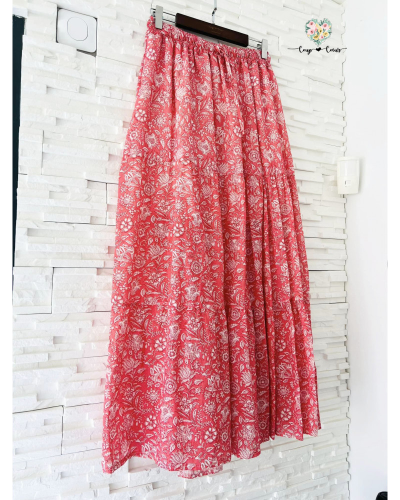 Jupe longue fluide fleurs - Corail (jusqu'à un 44)