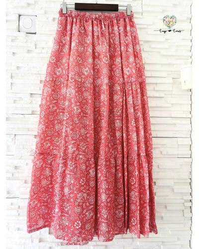Jupe longue fluide fleurs - Corail (jusqu'à un 44)