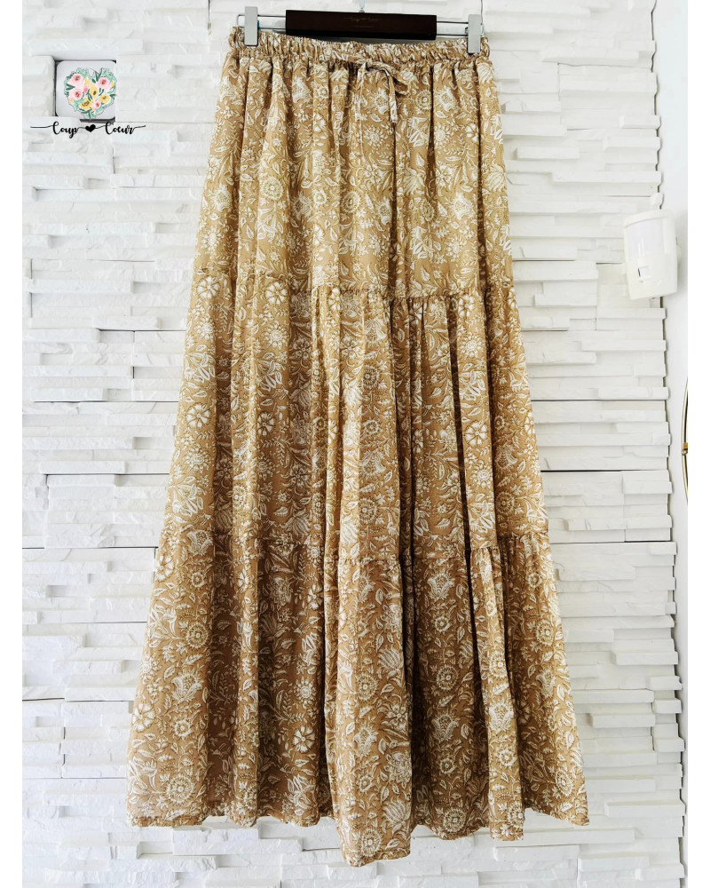 Jupe longue fluide fleurs - Beige (jusqu'à un 44)