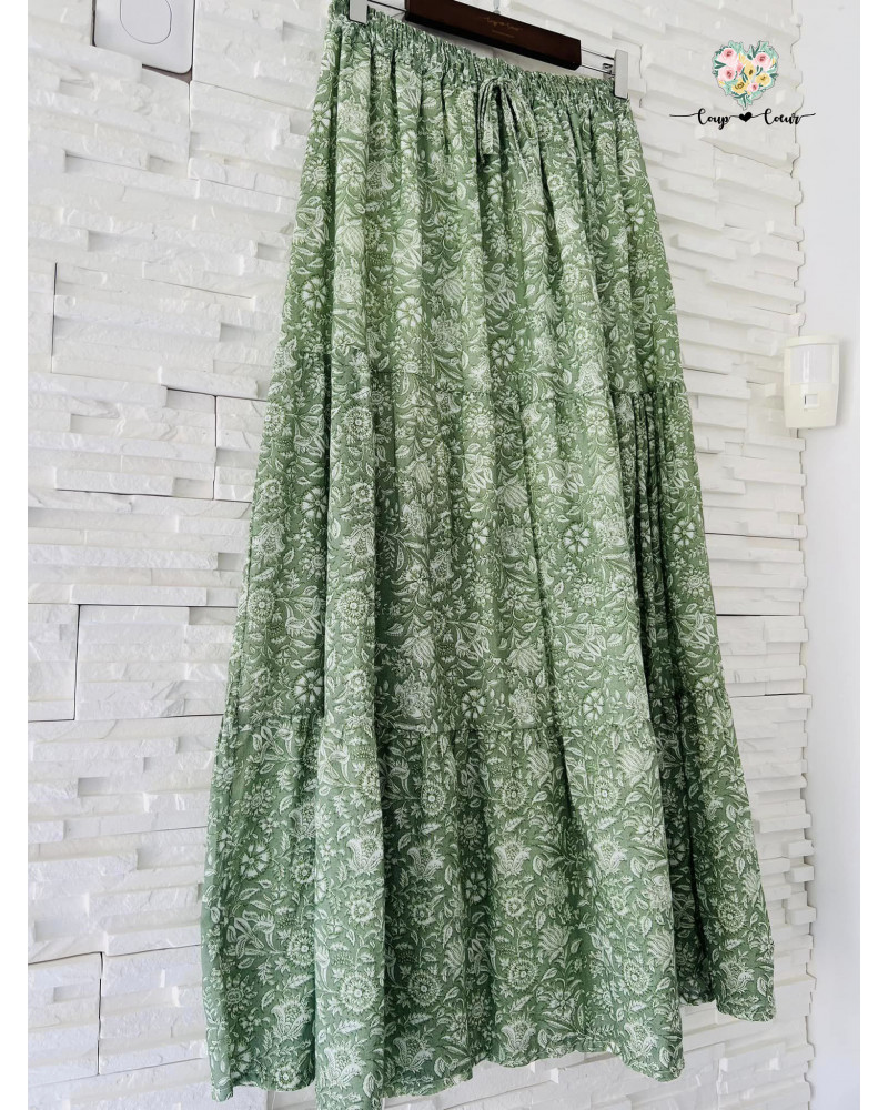 Jupe longue fluide fleurs - Vert (jusqu'à un 44)