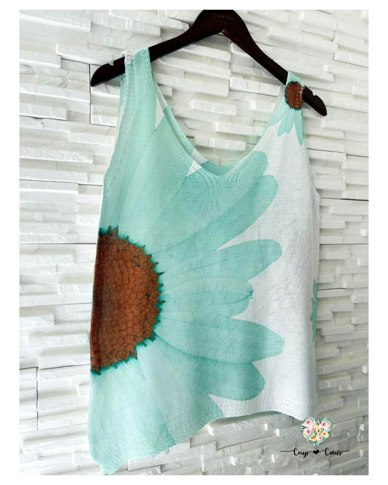 Débardeur maille imprimé - Marguerite verte (jusqu'à un 42)