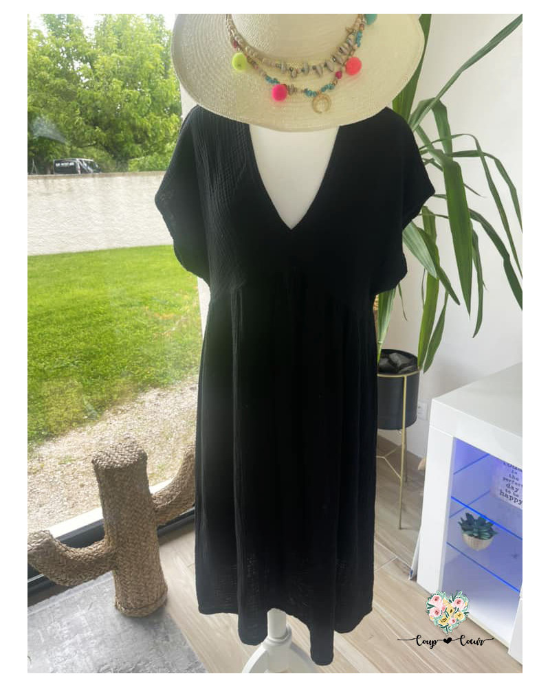 Robe gaze de coton unie - Noir (jusqu'à un 44)