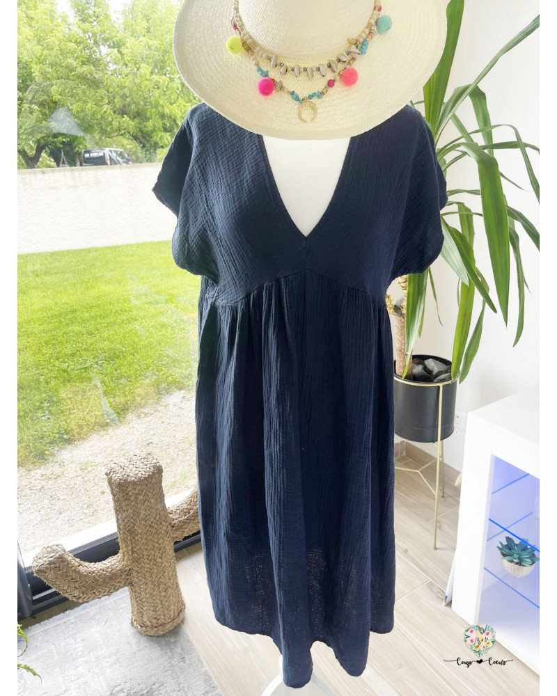 Robe gaze de coton unie - Bleu marine (jusqu'à un 44)