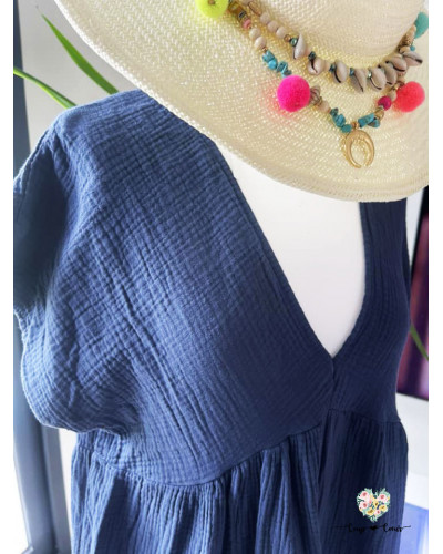 Robe gaze de coton unie - Bleu marine (jusqu'à un 44)