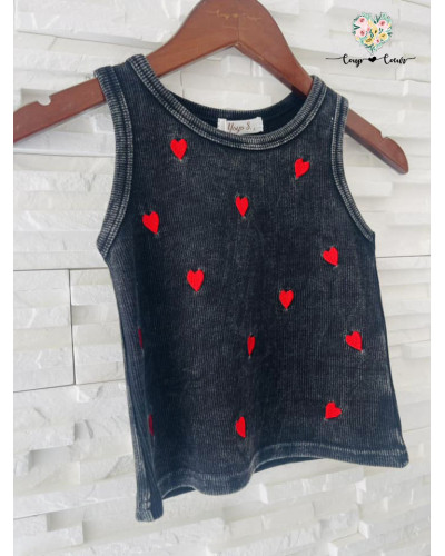 Débardeur coeurs rouge brodés - Noir