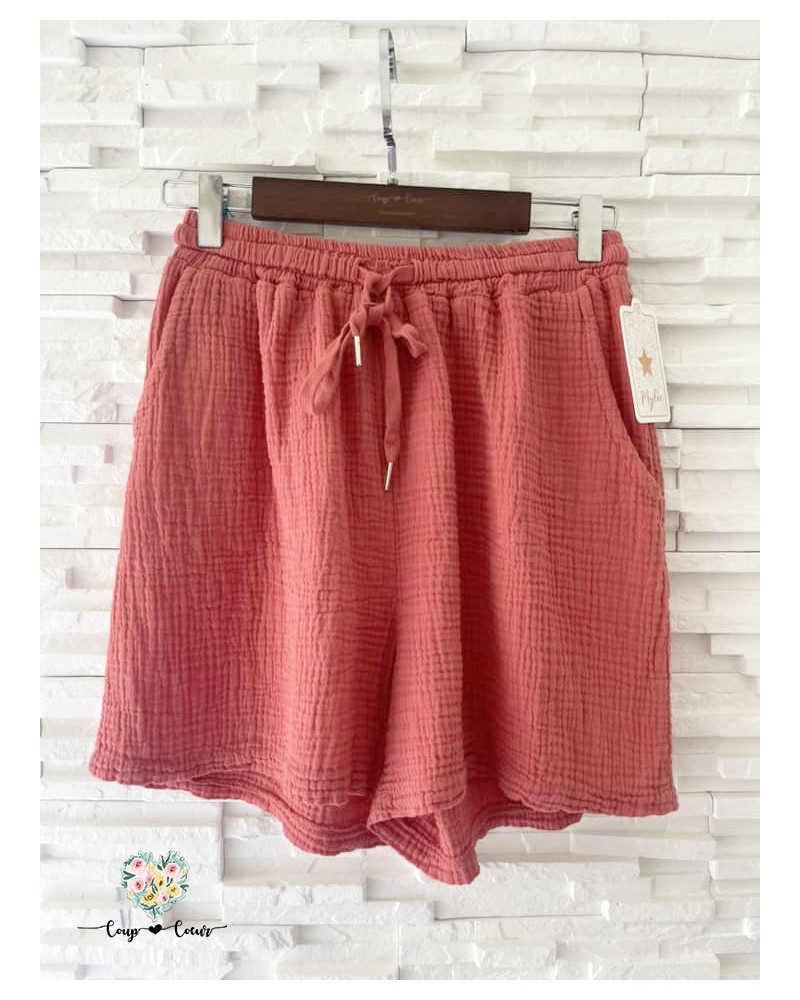 Short gaze de coton uni - Corail (jusqu'à un 42)