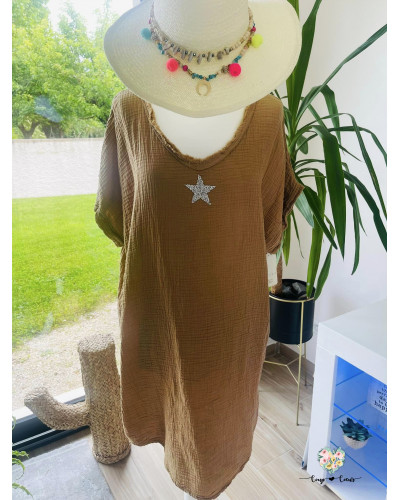 Robe mi-longue gaze de coton "Etoile" - Beige (jusqu'à un 44)