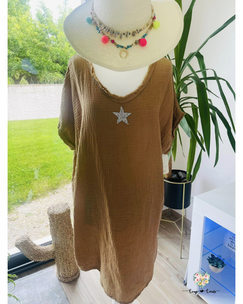 Robe mi-longue gaze de coton "Etoile" - Beige (jusqu'à un 44)