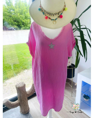 Robe mi-longue gaze de coton "Etoile" - Rose (jusqu'à un 44)