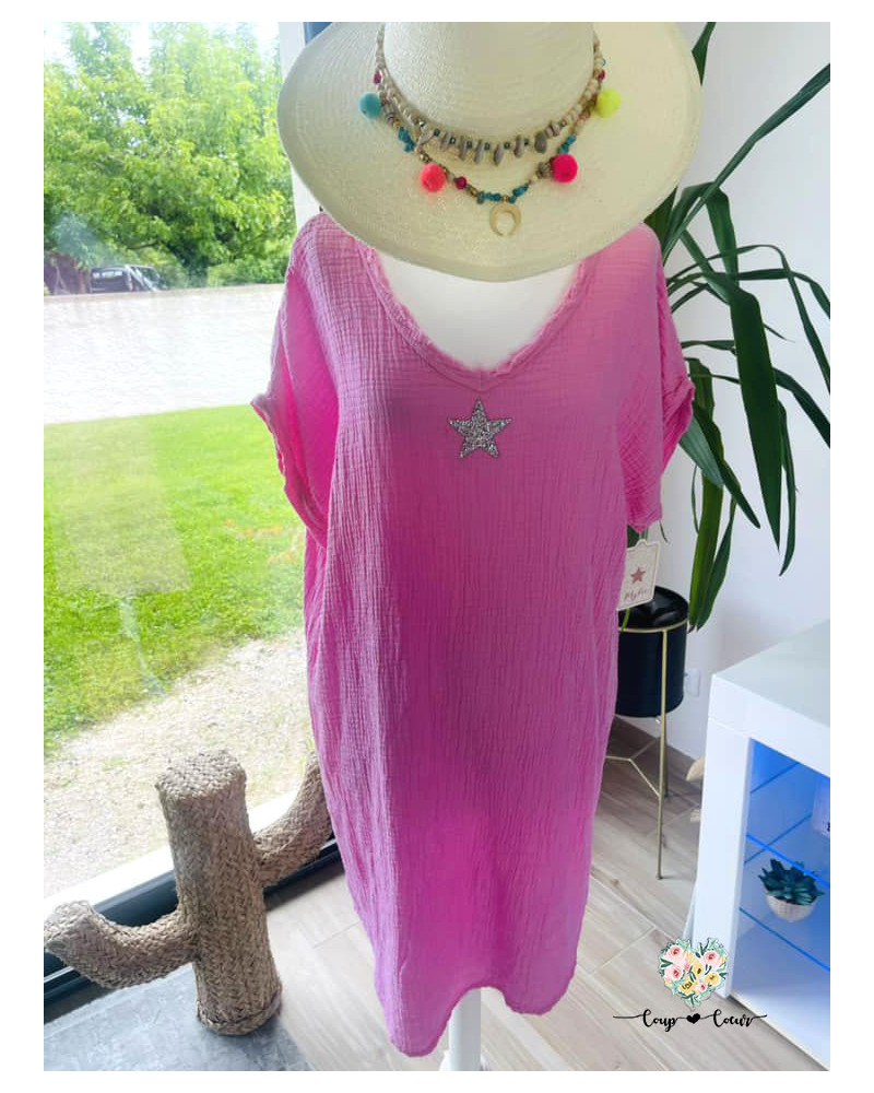 Robe mi-longue gaze de coton "Etoile" - Rose (jusqu'à un 44)