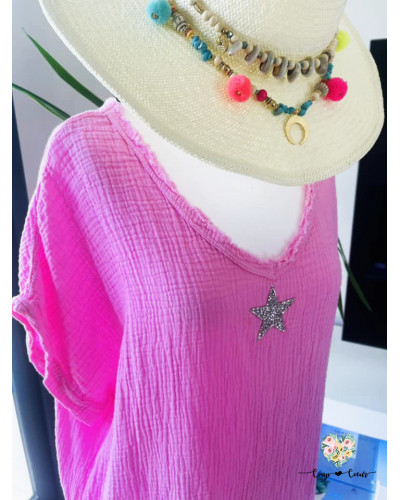 Robe mi-longue gaze de coton "Etoile" - Rose (jusqu'à un 44)