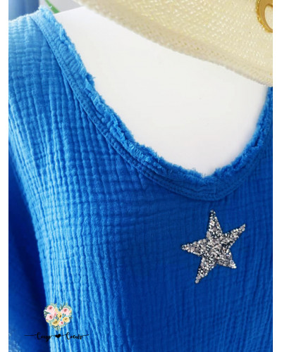 Robe mi-longue gaze de coton "Etoile" - Bleu roi (44)