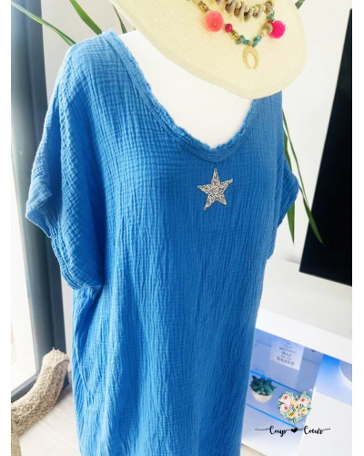 Robe mi-longue gaze de coton "Etoile" - Bleu roi (44)