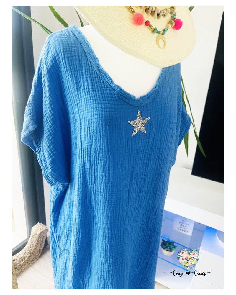 Robe mi-longue gaze de coton "Etoile" - Bleu roi (44)