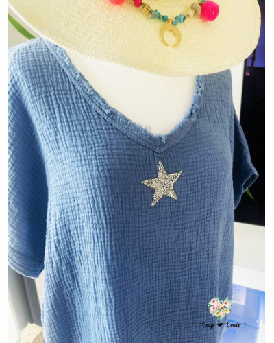 Robe mi-longue gaze de coton "Etoile" - Bleu jean (jusqu'à un 44)