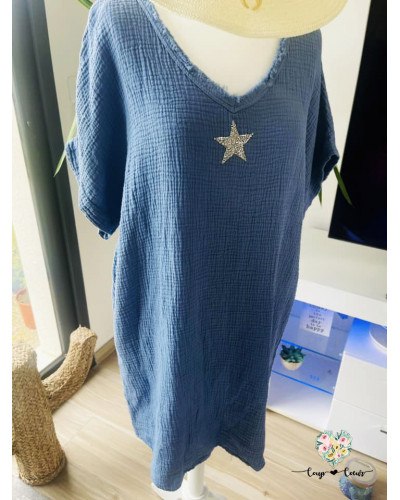 Robe mi-longue gaze de coton "Etoile" - Bleu jean (jusqu'à un 44)