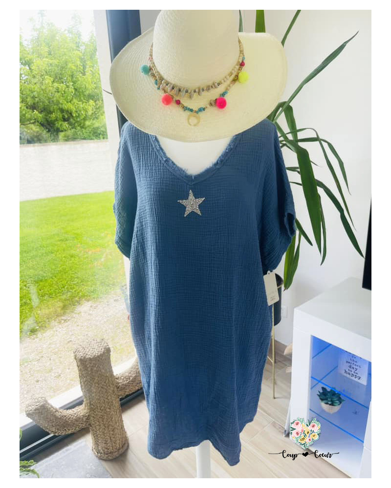 Robe mi-longue gaze de coton "Etoile" - Bleu jean (jusqu'à un 44)