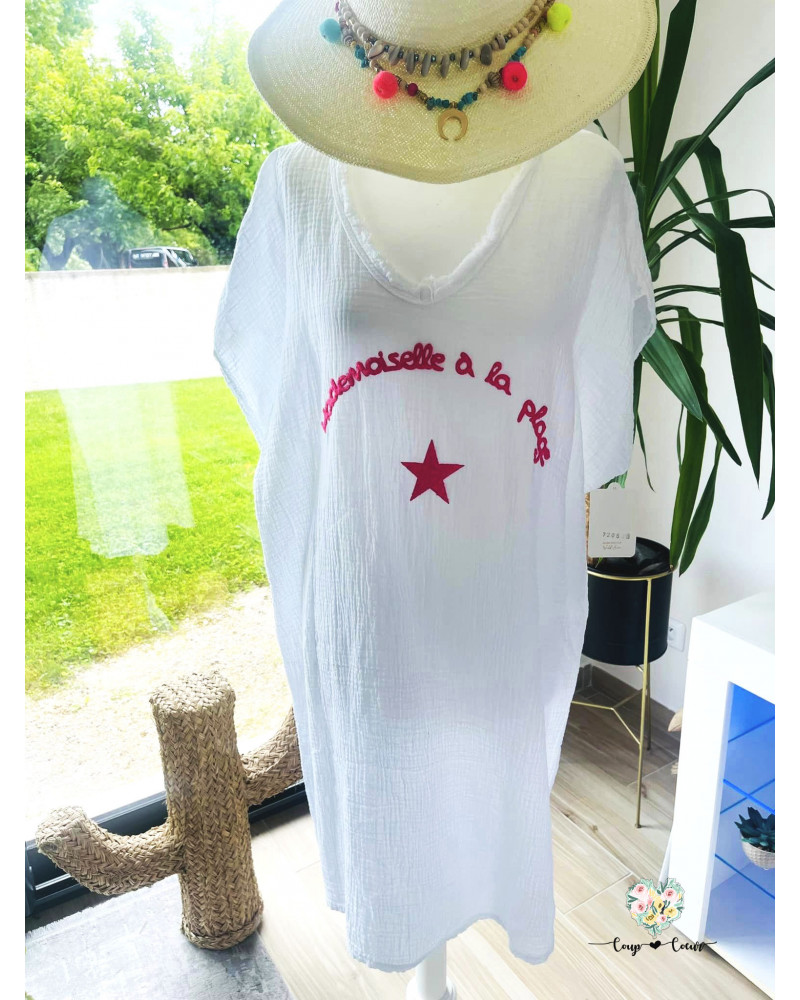 Robe mi-longue gaze de coton "Mademoiselle Plage" - Blanc (jusqu'à un 44)