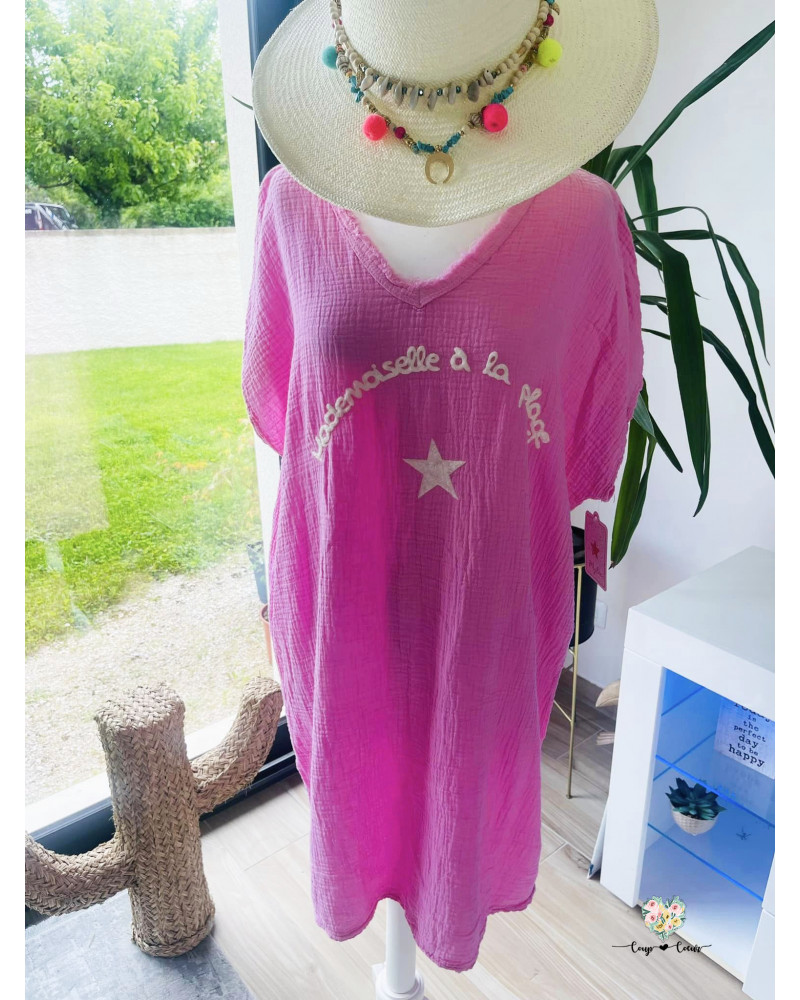 Robe mi-longue gaze de coton "Mademoiselle Plage" - Rose bonbon (jusqu'à un 44)
