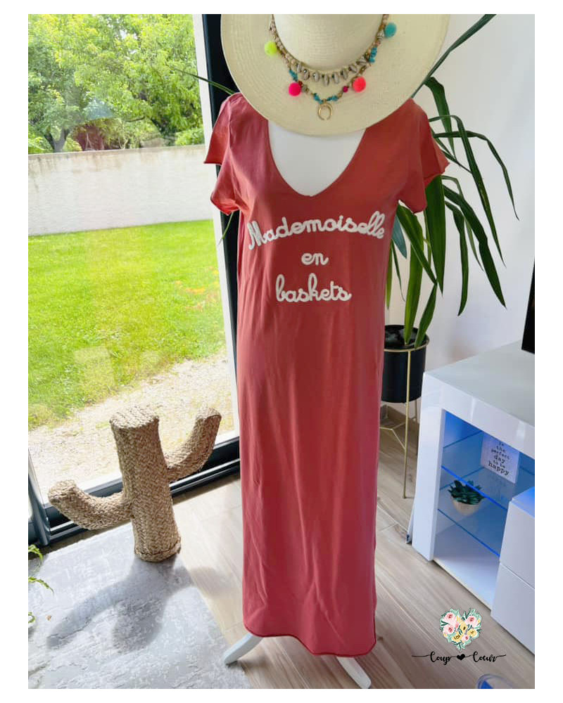 Robe longue "Mademoiselle en basket" - Corail (jusqu'à un 42)