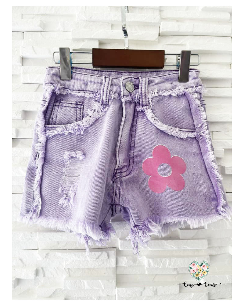 Short jean avec marguerrite - Lilas