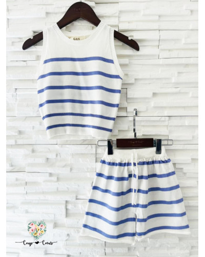 Ensemble short fine maille marinière - Lilas