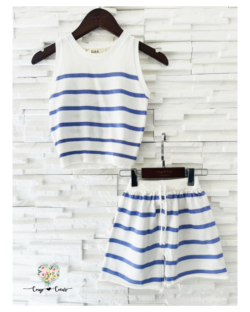 Ensemble short fine maille marinière - Lilas