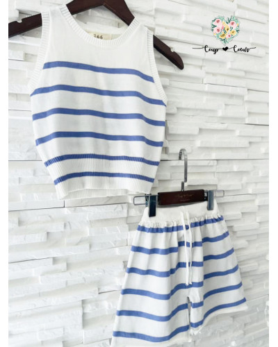 Ensemble short fine maille marinière - Lilas