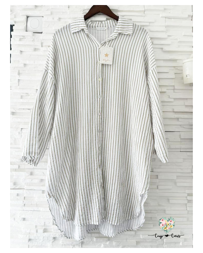 Robe chemise gaze de coton rayé - Beige (jusqu'à un 46)