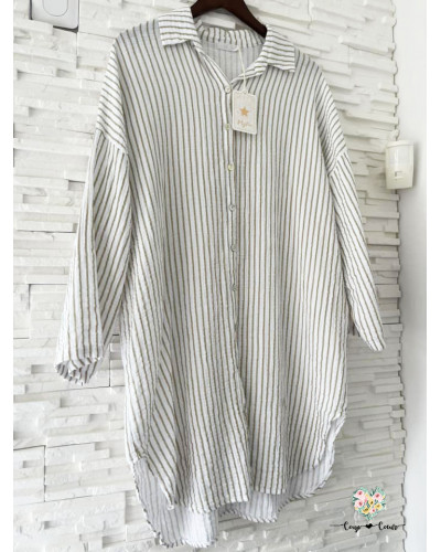 Robe chemise gaze de coton rayé - Beige (jusqu'à un 46)