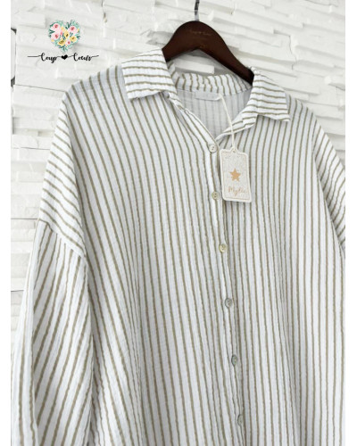 Robe chemise gaze de coton rayé - Beige (jusqu'à un 46)