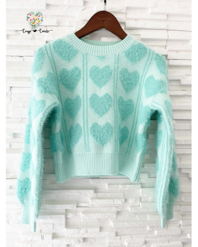 Pull coeurs vert eau