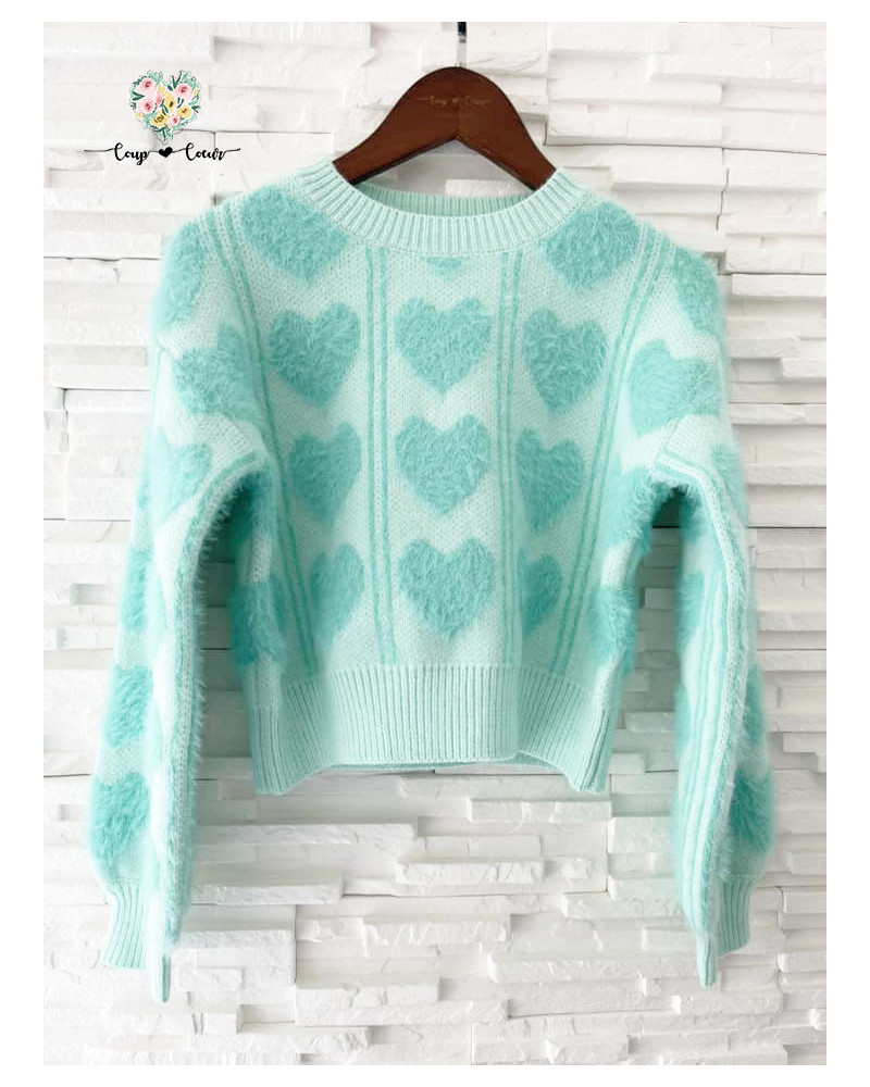 Pull coeurs vert eau