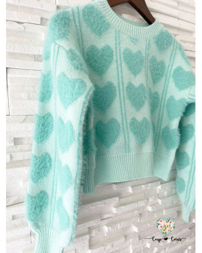 Pull coeurs vert eau