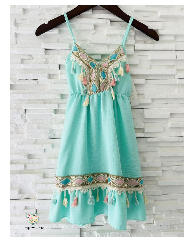 Robe à pompons Calista - Vert eau